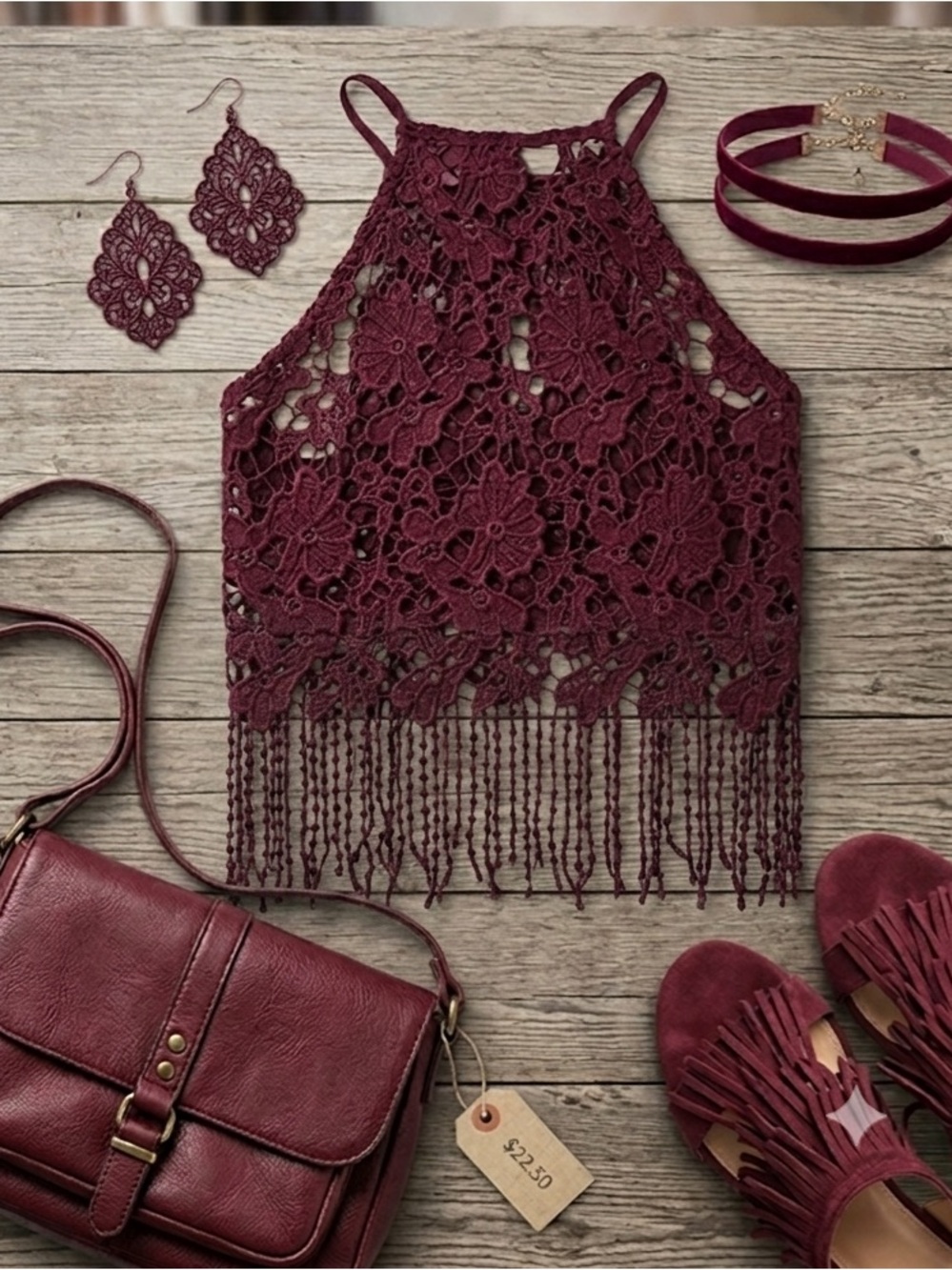 It’s Pink Women's Burgundy Lace Halter Camisole with Fringe
